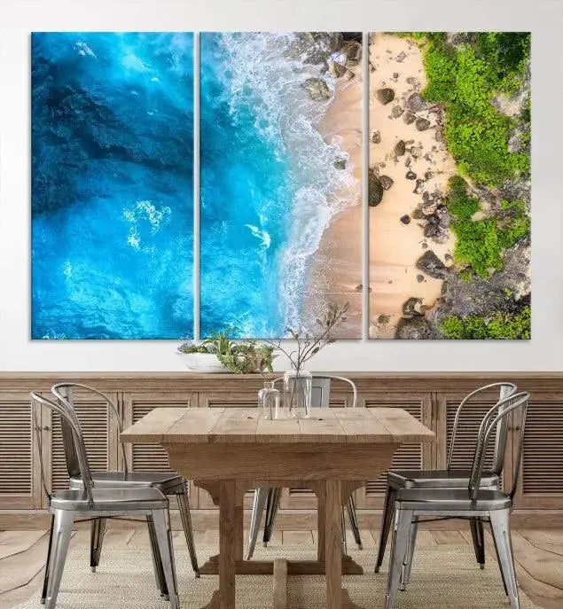 The Aerial Ocean Beach Canvas Wall Art Print is elegantly displayed, boasting a UV-protective coating to ensure enduring vibrancy. This museum-quality canvas piece is prepped for easy hanging.