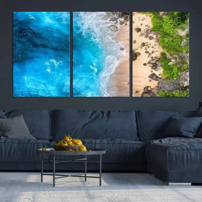 The Aerial Ocean Beach Canvas Wall Art Print is elegantly displayed, boasting a UV-protective coating to ensure enduring vibrancy. This museum-quality canvas piece is prepped for easy hanging.