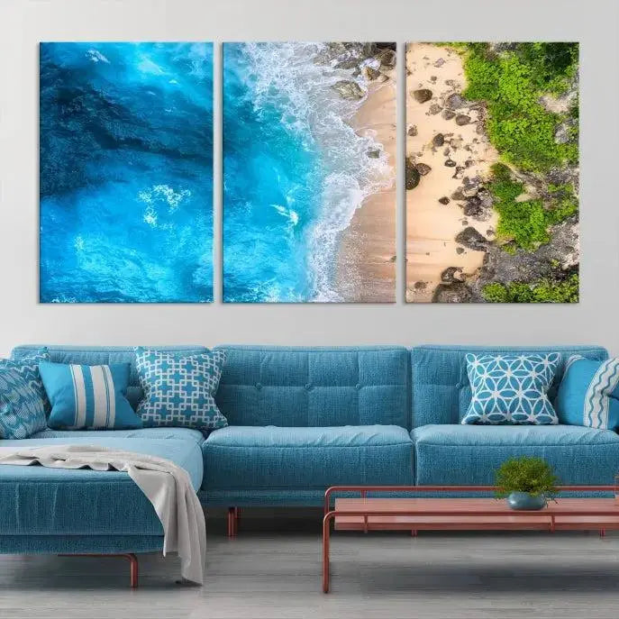 The Aerial Ocean Beach Canvas Wall Art Print is elegantly displayed, boasting a UV-protective coating to ensure enduring vibrancy. This museum-quality canvas piece is prepped for easy hanging.