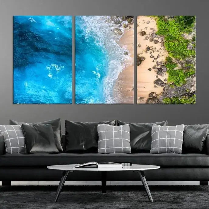 The Aerial Ocean Beach Canvas Wall Art Print is elegantly displayed, boasting a UV-protective coating to ensure enduring vibrancy. This museum-quality canvas piece is prepped for easy hanging.