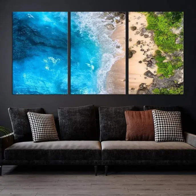 The Aerial Ocean Beach Canvas Wall Art Print is elegantly displayed, boasting a UV-protective coating to ensure enduring vibrancy. This museum-quality canvas piece is prepped for easy hanging.