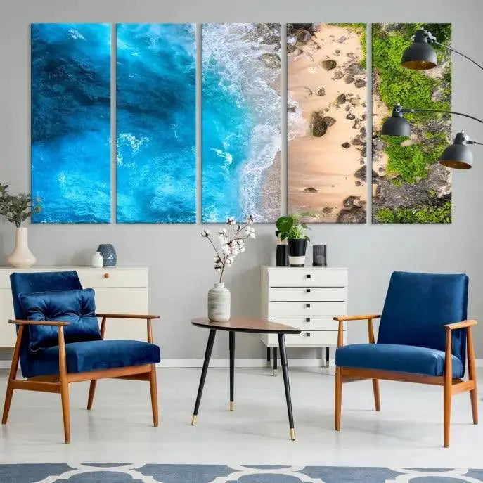 The Aerial Ocean Beach Canvas Wall Art Print is elegantly displayed, boasting a UV-protective coating to ensure enduring vibrancy. This museum-quality canvas piece is prepped for easy hanging.