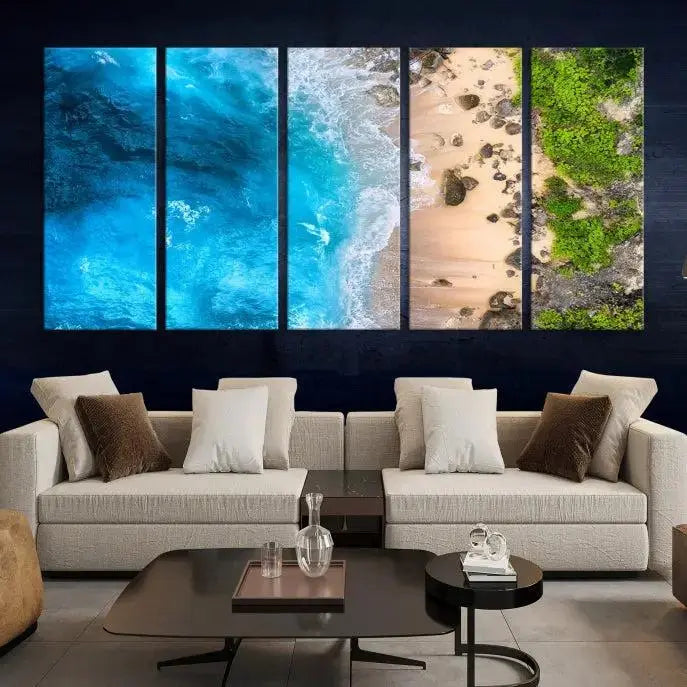 The Aerial Ocean Beach Canvas Wall Art Print is elegantly displayed, boasting a UV-protective coating to ensure enduring vibrancy. This museum-quality canvas piece is prepped for easy hanging.