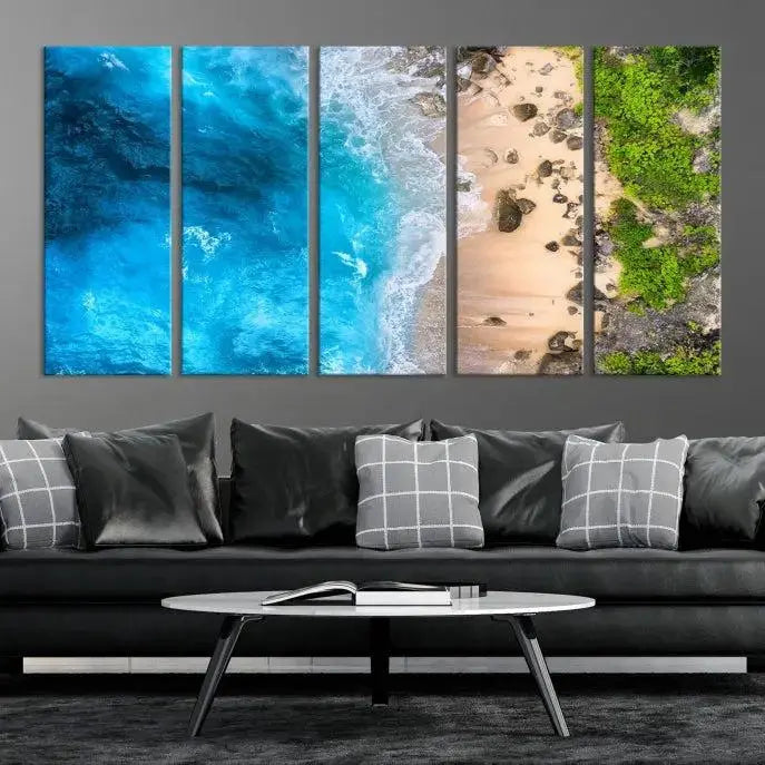 The Aerial Ocean Beach Canvas Wall Art Print is elegantly displayed, boasting a UV-protective coating to ensure enduring vibrancy. This museum-quality canvas piece is prepped for easy hanging.