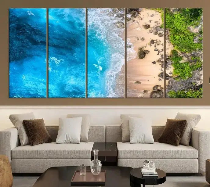 The Aerial Ocean Beach Canvas Wall Art Print is elegantly displayed, boasting a UV-protective coating to ensure enduring vibrancy. This museum-quality canvas piece is prepped for easy hanging.