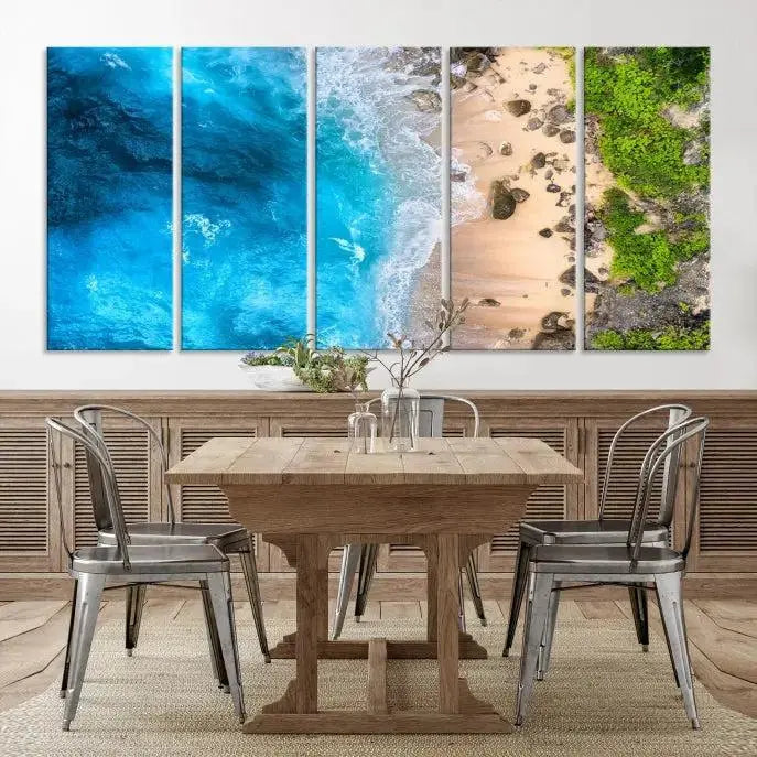 The Aerial Ocean Beach Canvas Wall Art Print is elegantly displayed, boasting a UV-protective coating to ensure enduring vibrancy. This museum-quality canvas piece is prepped for easy hanging.