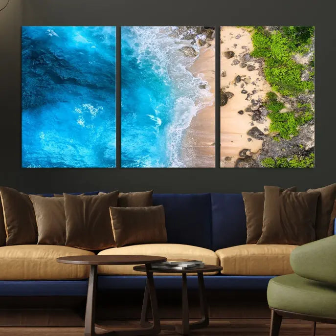 The Aerial Ocean Beach Canvas Wall Art Print is elegantly displayed, boasting a UV-protective coating to ensure enduring vibrancy. This museum-quality canvas piece is prepped for easy hanging.