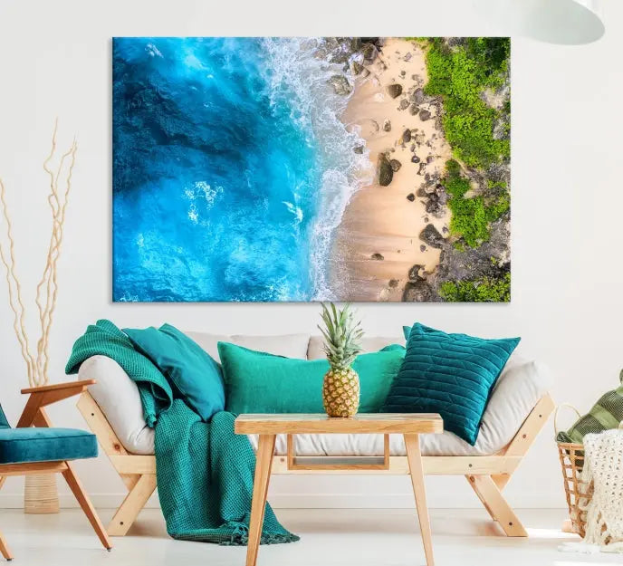 The Aerial Ocean Beach Canvas Wall Art Print is elegantly displayed, boasting a UV-protective coating to ensure enduring vibrancy. This museum-quality canvas piece is prepped for easy hanging.