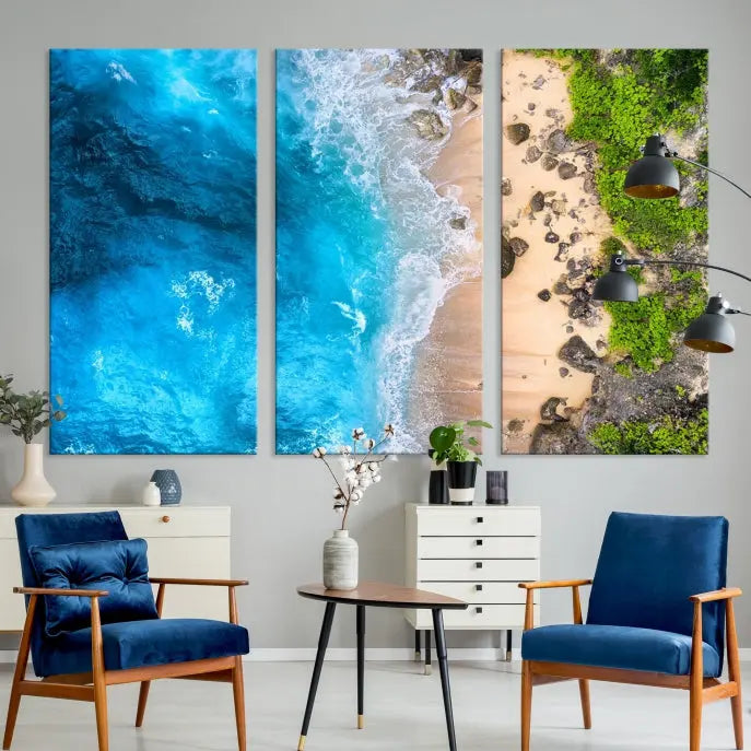 The Aerial Ocean Beach Canvas Wall Art Print is elegantly displayed, boasting a UV-protective coating to ensure enduring vibrancy. This museum-quality canvas piece is prepped for easy hanging.