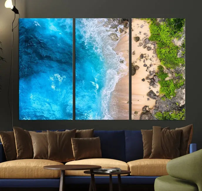 The Aerial Ocean Beach Canvas Wall Art Print is elegantly displayed, boasting a UV-protective coating to ensure enduring vibrancy. This museum-quality canvas piece is prepped for easy hanging.