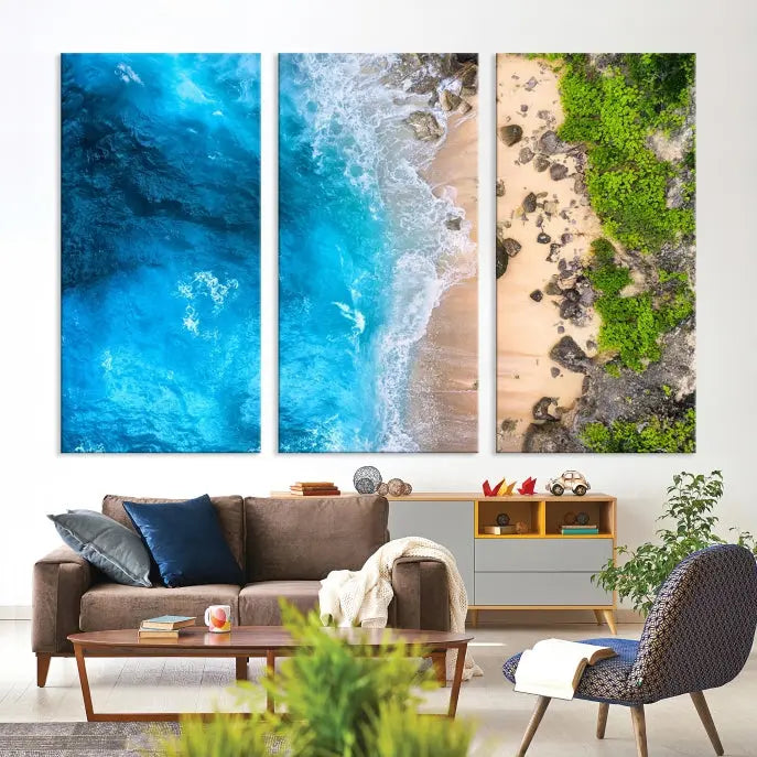 The Aerial Ocean Beach Canvas Wall Art Print is elegantly displayed, boasting a UV-protective coating to ensure enduring vibrancy. This museum-quality canvas piece is prepped for easy hanging.