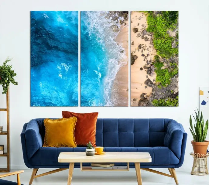 The Aerial Ocean Beach Canvas Wall Art Print is elegantly displayed, boasting a UV-protective coating to ensure enduring vibrancy. This museum-quality canvas piece is prepped for easy hanging.