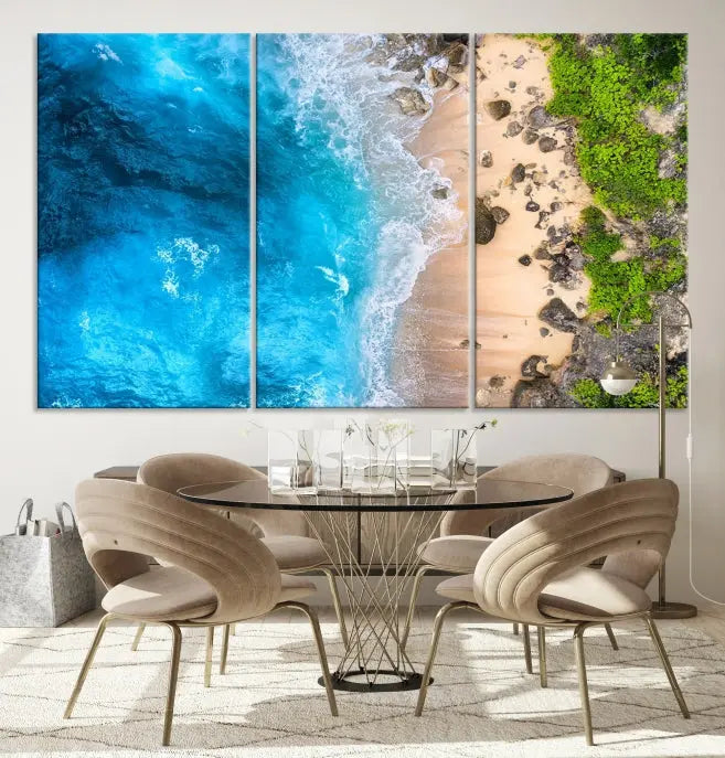 The Aerial Ocean Beach Canvas Wall Art Print is elegantly displayed, boasting a UV-protective coating to ensure enduring vibrancy. This museum-quality canvas piece is prepped for easy hanging.