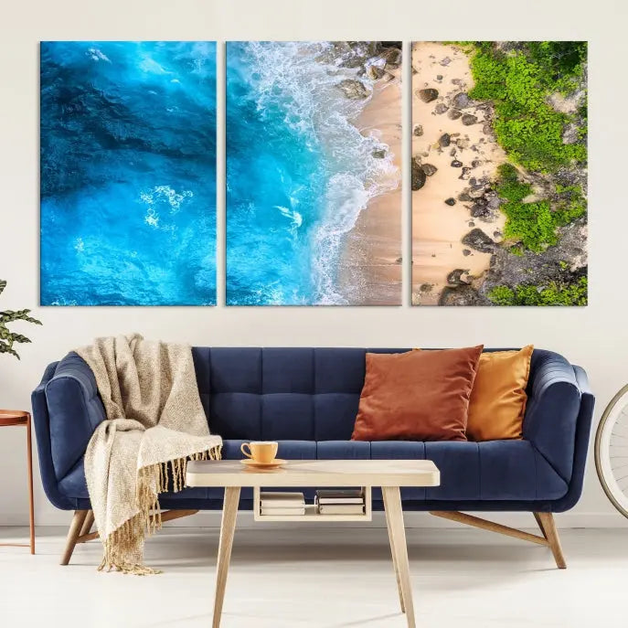 The Aerial Ocean Beach Canvas Wall Art Print is elegantly displayed, boasting a UV-protective coating to ensure enduring vibrancy. This museum-quality canvas piece is prepped for easy hanging.