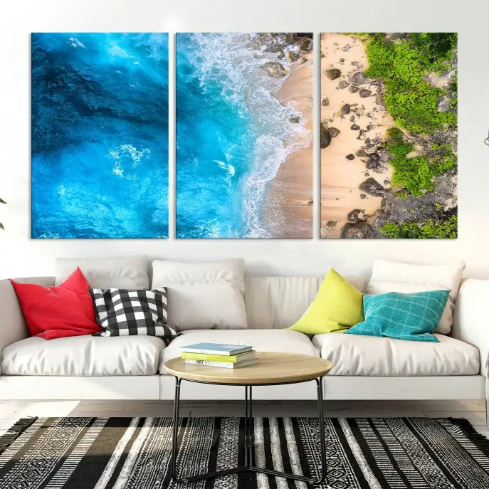 The Aerial Ocean Beach Canvas Wall Art Print is elegantly displayed, boasting a UV-protective coating to ensure enduring vibrancy. This museum-quality canvas piece is prepped for easy hanging.