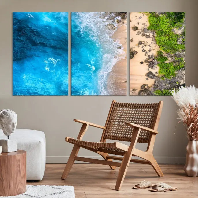 The Aerial Ocean Beach Canvas Wall Art Print is elegantly displayed, boasting a UV-protective coating to ensure enduring vibrancy. This museum-quality canvas piece is prepped for easy hanging.