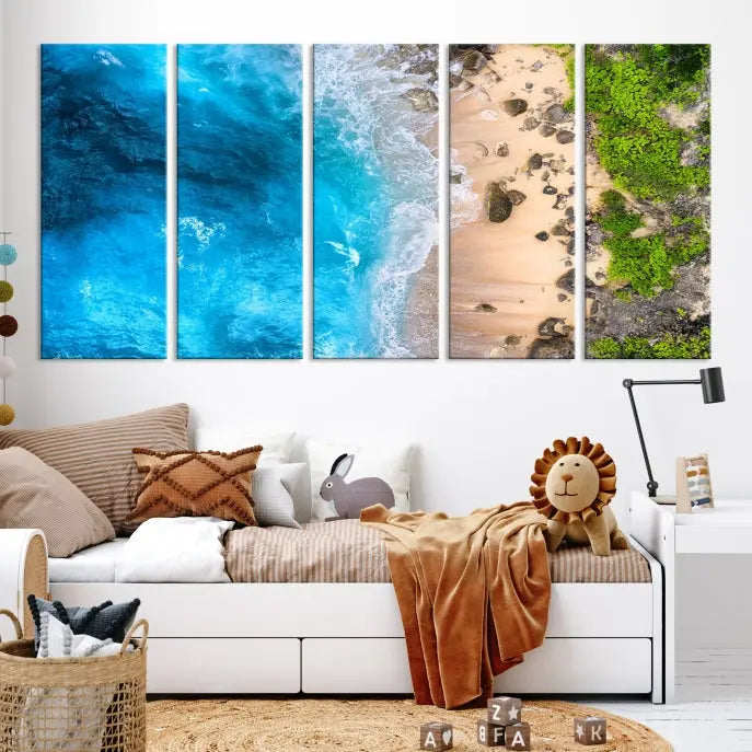 The Aerial Ocean Beach Canvas Wall Art Print is elegantly displayed, boasting a UV-protective coating to ensure enduring vibrancy. This museum-quality canvas piece is prepped for easy hanging.