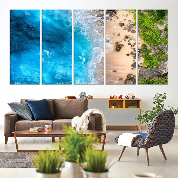 The Aerial Ocean Beach Canvas Wall Art Print is elegantly displayed, boasting a UV-protective coating to ensure enduring vibrancy. This museum-quality canvas piece is prepped for easy hanging.