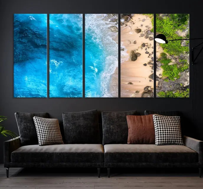 The Aerial Ocean Beach Canvas Wall Art Print is elegantly displayed, boasting a UV-protective coating to ensure enduring vibrancy. This museum-quality canvas piece is prepped for easy hanging.