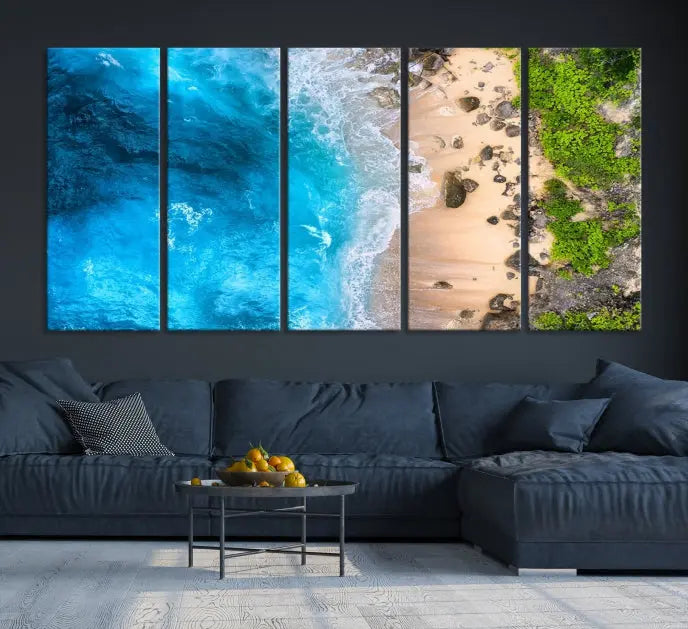 The Aerial Ocean Beach Canvas Wall Art Print is elegantly displayed, boasting a UV-protective coating to ensure enduring vibrancy. This museum-quality canvas piece is prepped for easy hanging.