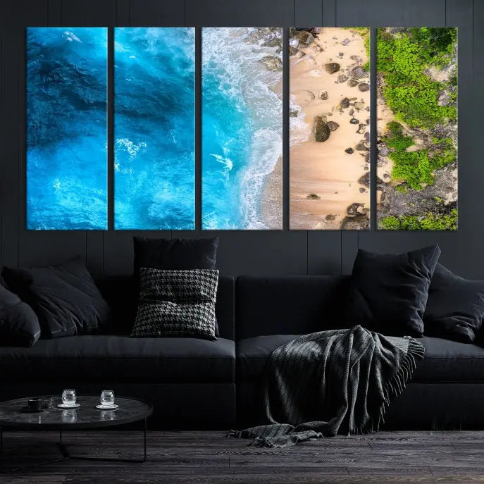 The Aerial Ocean Beach Canvas Wall Art Print is elegantly displayed, boasting a UV-protective coating to ensure enduring vibrancy. This museum-quality canvas piece is prepped for easy hanging.