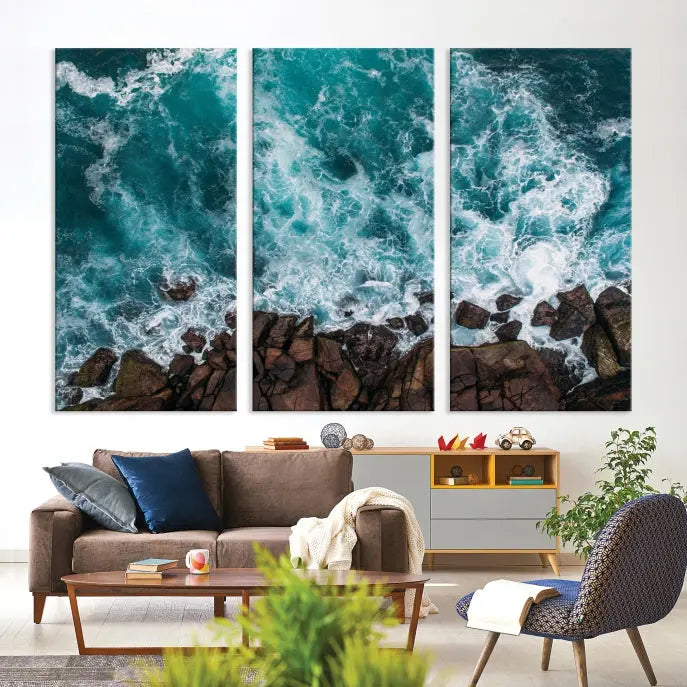 The "Aerial Ocean Wall Art Canvas Print," crafted from polycotton canvas, adorns the wall and adds museum-quality elegance to your space. This ready-to-hang artwork is a striking addition to any room.