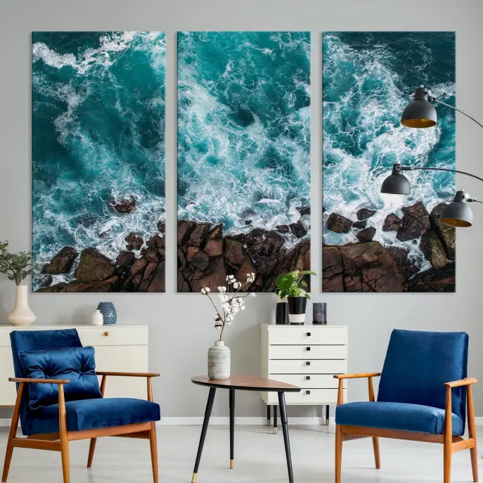 The "Aerial Ocean Wall Art Canvas Print," crafted from polycotton canvas, adorns the wall and adds museum-quality elegance to your space. This ready-to-hang artwork is a striking addition to any room.