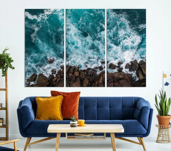 The "Aerial Ocean Wall Art Canvas Print," crafted from polycotton canvas, adorns the wall and adds museum-quality elegance to your space. This ready-to-hang artwork is a striking addition to any room.