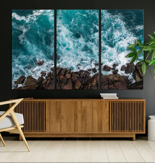 The "Aerial Ocean Wall Art Canvas Print," crafted from polycotton canvas, adorns the wall and adds museum-quality elegance to your space. This ready-to-hang artwork is a striking addition to any room.