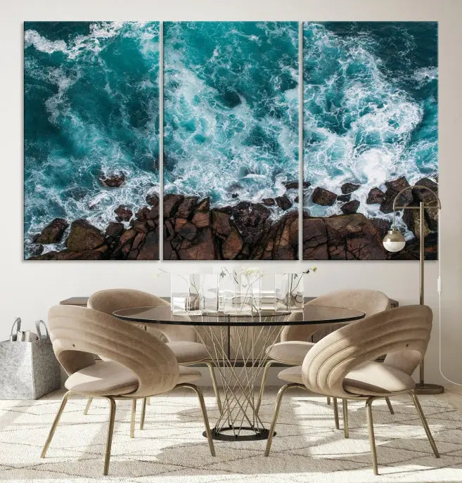 The "Aerial Ocean Wall Art Canvas Print," crafted from polycotton canvas, adorns the wall and adds museum-quality elegance to your space. This ready-to-hang artwork is a striking addition to any room.