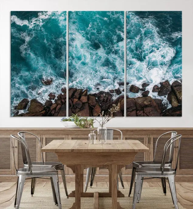 The "Aerial Ocean Wall Art Canvas Print," crafted from polycotton canvas, adorns the wall and adds museum-quality elegance to your space. This ready-to-hang artwork is a striking addition to any room.