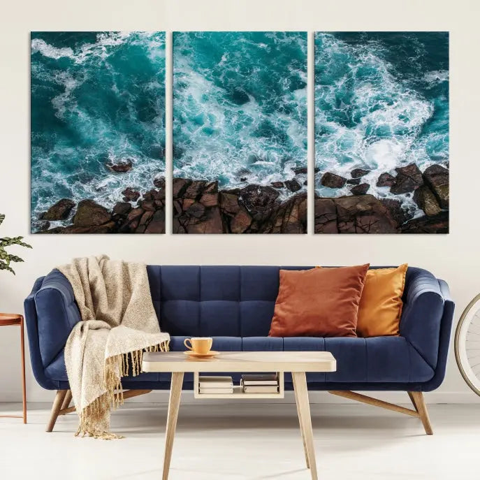 The "Aerial Ocean Wall Art Canvas Print," crafted from polycotton canvas, adorns the wall and adds museum-quality elegance to your space. This ready-to-hang artwork is a striking addition to any room.