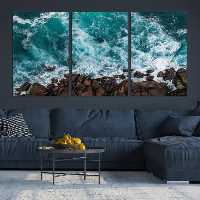 The "Aerial Ocean Wall Art Canvas Print," crafted from polycotton canvas, adorns the wall and adds museum-quality elegance to your space. This ready-to-hang artwork is a striking addition to any room.