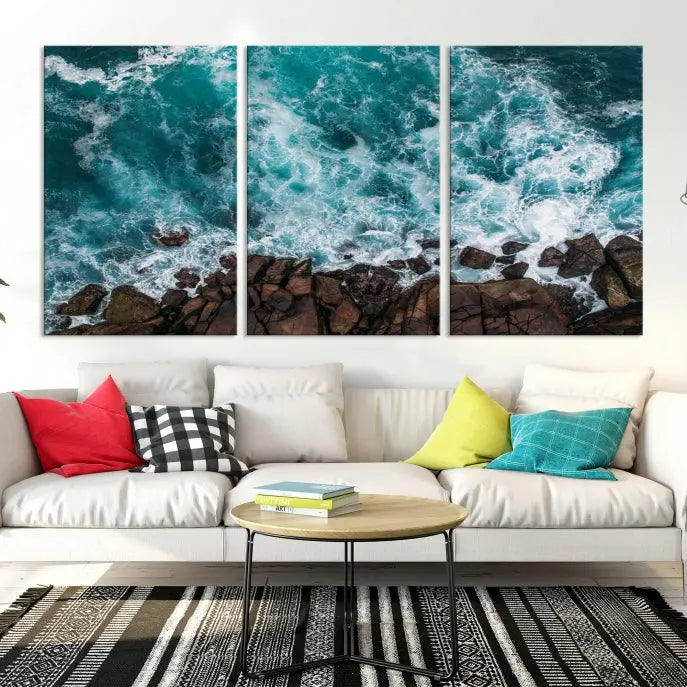 The "Aerial Ocean Wall Art Canvas Print," crafted from polycotton canvas, adorns the wall and adds museum-quality elegance to your space. This ready-to-hang artwork is a striking addition to any room.