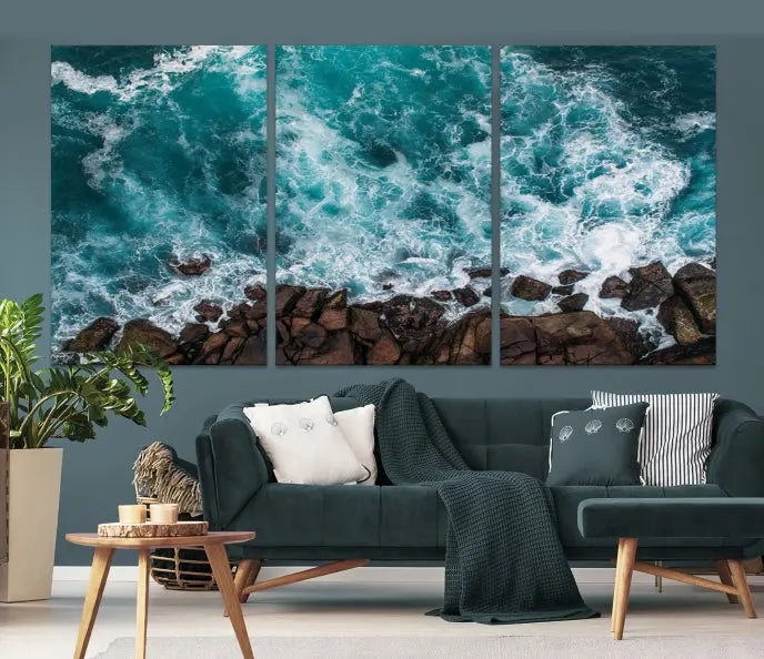 The "Aerial Ocean Wall Art Canvas Print," crafted from polycotton canvas, adorns the wall and adds museum-quality elegance to your space. This ready-to-hang artwork is a striking addition to any room.