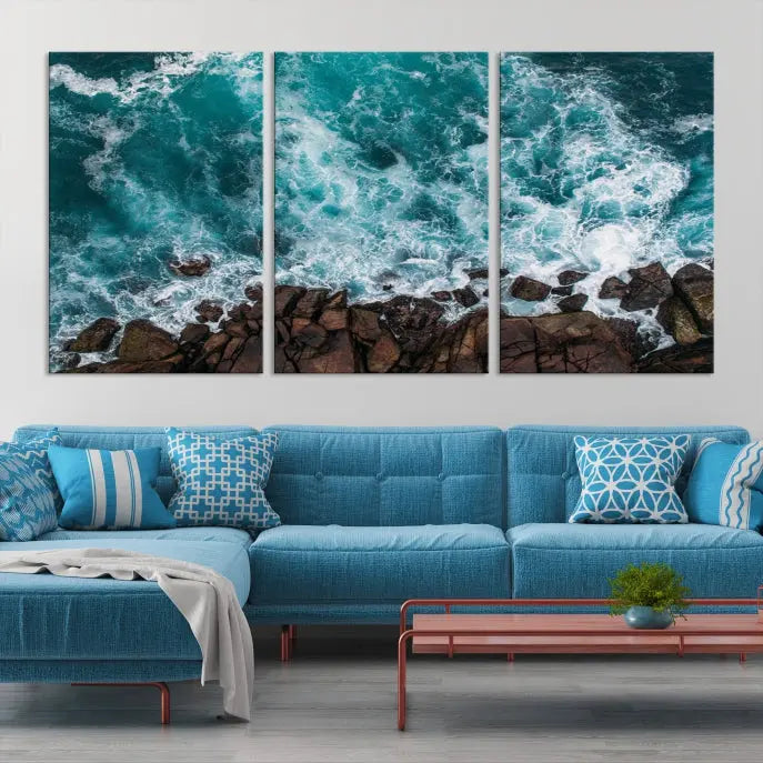 The "Aerial Ocean Wall Art Canvas Print," crafted from polycotton canvas, adorns the wall and adds museum-quality elegance to your space. This ready-to-hang artwork is a striking addition to any room.