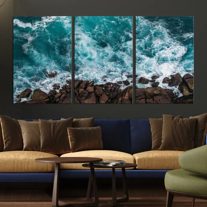 The "Aerial Ocean Wall Art Canvas Print," crafted from polycotton canvas, adorns the wall and adds museum-quality elegance to your space. This ready-to-hang artwork is a striking addition to any room.