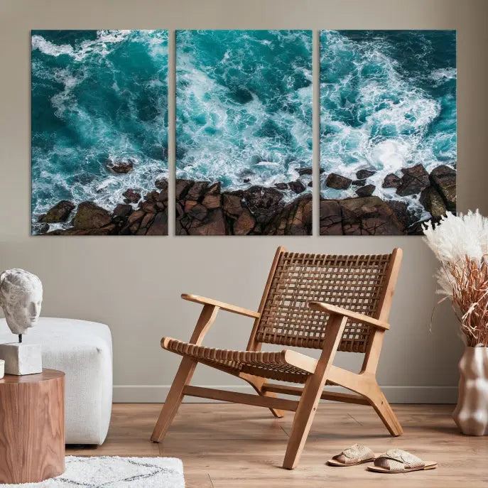 The "Aerial Ocean Wall Art Canvas Print," crafted from polycotton canvas, adorns the wall and adds museum-quality elegance to your space. This ready-to-hang artwork is a striking addition to any room.