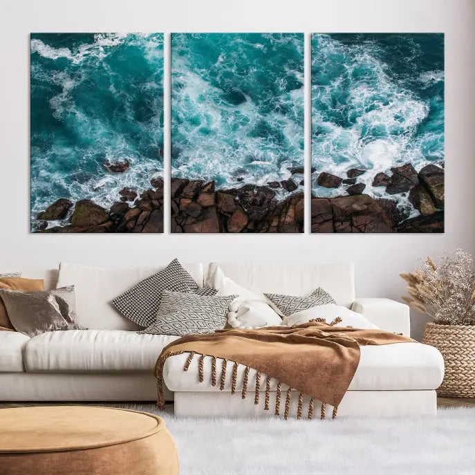 The "Aerial Ocean Wall Art Canvas Print," crafted from polycotton canvas, adorns the wall and adds museum-quality elegance to your space. This ready-to-hang artwork is a striking addition to any room.