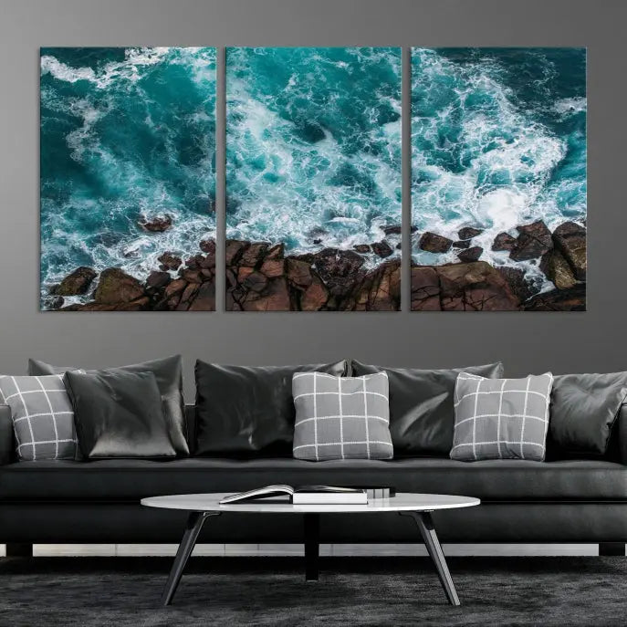 The "Aerial Ocean Wall Art Canvas Print," crafted from polycotton canvas, adorns the wall and adds museum-quality elegance to your space. This ready-to-hang artwork is a striking addition to any room.