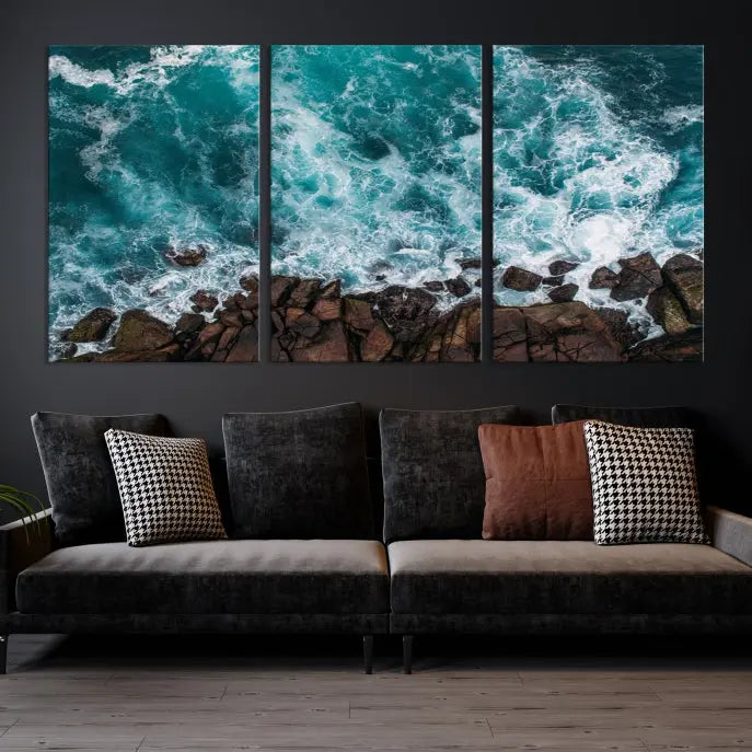 The "Aerial Ocean Wall Art Canvas Print," crafted from polycotton canvas, adorns the wall and adds museum-quality elegance to your space. This ready-to-hang artwork is a striking addition to any room.