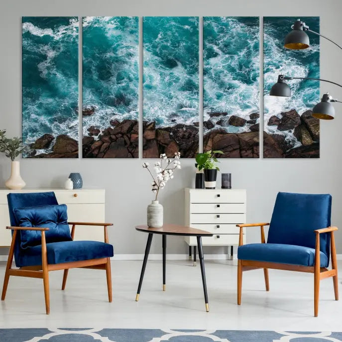 The "Aerial Ocean Wall Art Canvas Print," crafted from polycotton canvas, adorns the wall and adds museum-quality elegance to your space. This ready-to-hang artwork is a striking addition to any room.