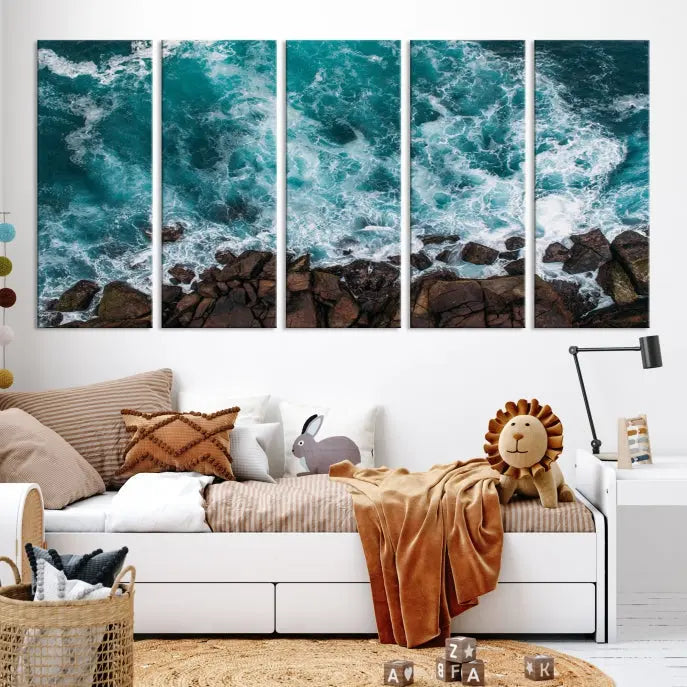 The "Aerial Ocean Wall Art Canvas Print," crafted from polycotton canvas, adorns the wall and adds museum-quality elegance to your space. This ready-to-hang artwork is a striking addition to any room.