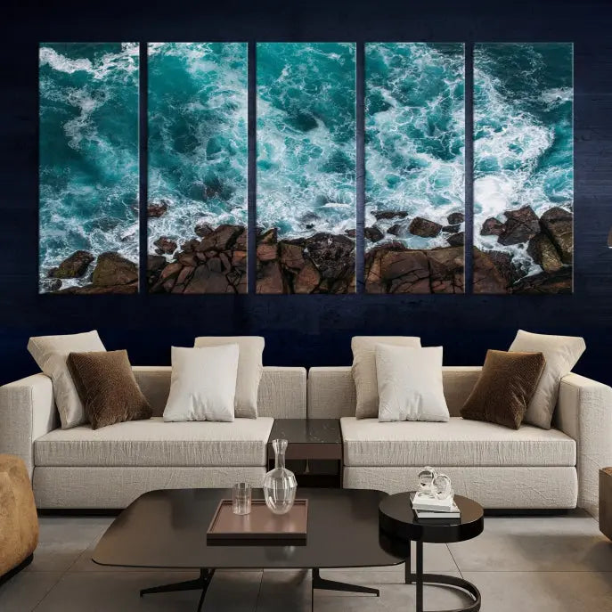 The "Aerial Ocean Wall Art Canvas Print," crafted from polycotton canvas, adorns the wall and adds museum-quality elegance to your space. This ready-to-hang artwork is a striking addition to any room.