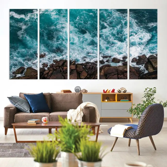 The "Aerial Ocean Wall Art Canvas Print," crafted from polycotton canvas, adorns the wall and adds museum-quality elegance to your space. This ready-to-hang artwork is a striking addition to any room.