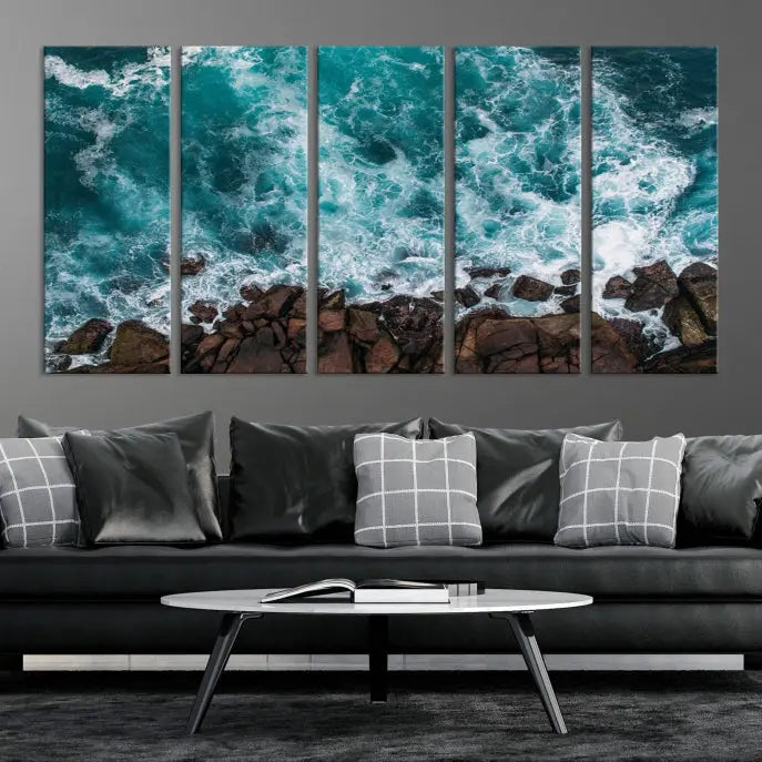 The "Aerial Ocean Wall Art Canvas Print," crafted from polycotton canvas, adorns the wall and adds museum-quality elegance to your space. This ready-to-hang artwork is a striking addition to any room.