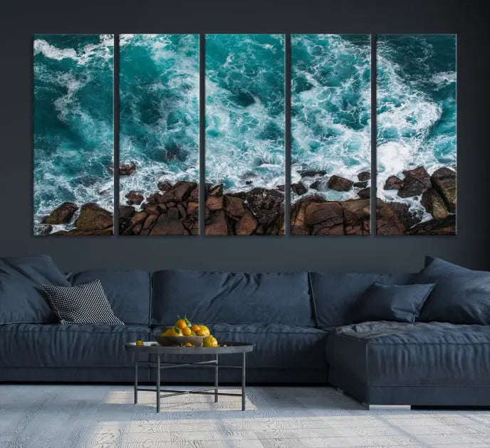 The "Aerial Ocean Wall Art Canvas Print," crafted from polycotton canvas, adorns the wall and adds museum-quality elegance to your space. This ready-to-hang artwork is a striking addition to any room.