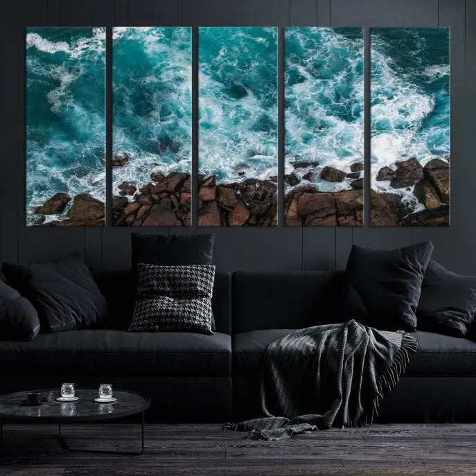 The "Aerial Ocean Wall Art Canvas Print," crafted from polycotton canvas, adorns the wall and adds museum-quality elegance to your space. This ready-to-hang artwork is a striking addition to any room.