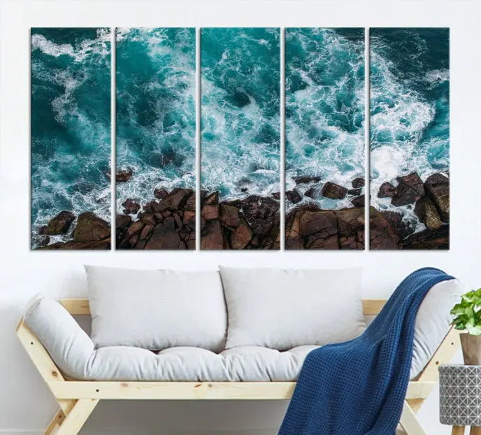 The "Aerial Ocean Wall Art Canvas Print," crafted from polycotton canvas, adorns the wall and adds museum-quality elegance to your space. This ready-to-hang artwork is a striking addition to any room.