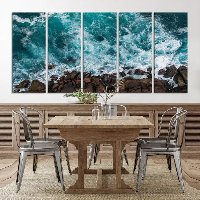 The "Aerial Ocean Wall Art Canvas Print," crafted from polycotton canvas, adorns the wall and adds museum-quality elegance to your space. This ready-to-hang artwork is a striking addition to any room.